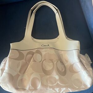 Coach Cream and Tan Signature Shoulder Bag